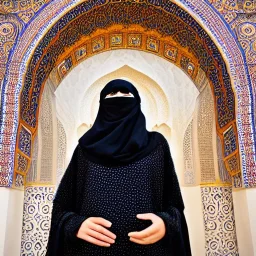 high-quality, award-winning photograph of women in burkas standing in front of intricate, ornate, fine-detailed, stunning mosque, mosaic walls, clear sky, flowing burkas, volumetric lighting, 8k resolution, high-quality, intricate,Jeanloup Sieff, Moe Zoyari, Marc Adamus, Ann Prochilo, Romain Veillon