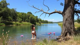 a beautiful lady in nice swim suit in river in country side next to river and big tree,wild flowers standing