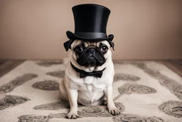 pug with a top hat and monocle on sitting on a rug