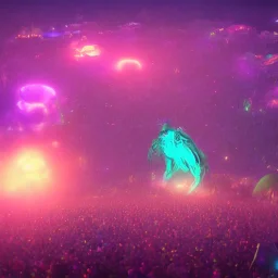 GIANT DANCE PARTY, FESTIVAL IN THE MOUNTAINS, MUSIC FESTIVAL, CROWD, ALIENS, cinematic lighting, 4k, 8k, octane render, digital concept art, ambient lighting, PINK