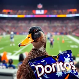 A duck with a bag of Doritos at the Superbowl.