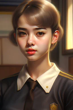 masterpiece,realistic, best quality, 1 girl, blush, short hair, (closed mouth),,(JP uniform crop top),