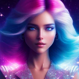 white woman glitter smiling long blond hair blue eyes in a galactic ambiance, delicate colors in the foreground, full of details, smooth, light effect，vaporwave colorful, smooth, extremely sharp detail, finely tuned detail, ultra high definition, 8 k, ultra sharp focus