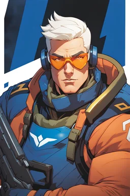 Highly detailed portrait of Soldier: 76 from Overwatch 2 by Loish, by Bryan Lee O'Malley, by Cliff Chiang, by Greg Rutkowski, inspired by Capcom's Street Fighter, keep his main color set