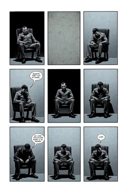 a page divided into 6 rectangular panels, each with different views of a man tied to a chair and being interrogated, suspenseful comic book