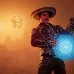 Insanely detailed photograph of an “ a male mariachi focusing on a glowing D20” with intricately detailed Sombrero, intricate charo, hyperdetailed painting by Ismail Inceoglu Huang Guangjian and Dan Witz CGSociety ZBrush Central fantasy art album cover art,8K, hdr, mysterious, flickeringlights ,Stoic