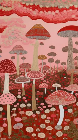 A rosy pink fairy kingdom with mushrooms painted by Clifford Possum Tjapaltjarri