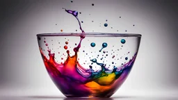 Multicoloured ink drops diffusing into a glass vessel full of water