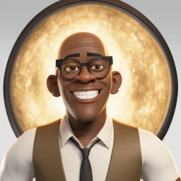 a portrait of smiling man. caricature. black rare hair. dark brown skin. black eye pupils. circle eyeglasses, thin gold frame. rectangle face shape. white shirt with black vest. pixar style. 3D. 4k. portrait. highly detailed. sharp focus. high resolution. full color. cinema lighting