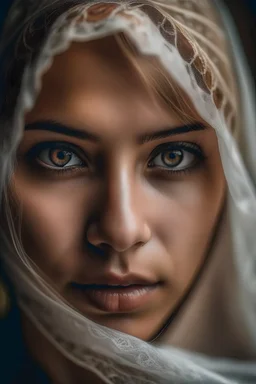 Seorang perempuan berkulit putih berjilbab mata indah bulu mata lentik cantik dari Indonesia