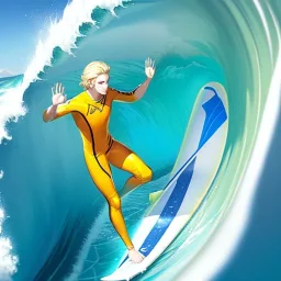 blonde hair anime boy surfing under a wave, make hands look realistic, standing up on a surfboard,wearing an orange wetsuit, make feet look realistic, balancing on a surfboard, waves crashing all around him