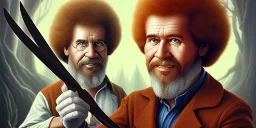 bob ross holding a big knife & looking sinister