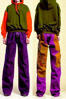 year 1997 denim fashion, Techno, Loose, baggy, low waist Combat pants, t-shirt, new kind of hoodie with tippet! Colors: denim , purple, khaki, light green, lilac, plum, orange, terracotta, red, pink, dark blue, beige. Patterns: lynx, balls, stripes. lynx belt. Something between camouflage and owl prints. Women models. Sharon Stone, Sandra Bullock, Winona Ryder, Milla Jovovich, Big tennis shoes on. Latex and leather e.g. in Leg warmers.