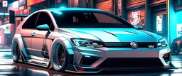 a white, widebody Volkswagen GTI with aggressive tires, cyberpunk style