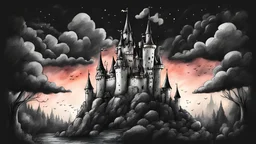 drawing fairy tale castle night with black clouds coloured