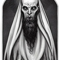 Picture of Cthulhu with white skin and a beard made of fleshy tentacles as a Russian Orthodox nosferatu vampire with yellow eyes and vampire fangs