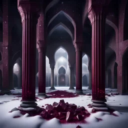 Hyper Realistic Big Maroon Crystals on snow Inside a Dark Abandoned Mosque with beautifully crafted pillars at dark night