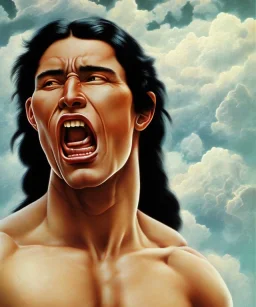 native american warrior, long black hair, big muscles, face up, mouth wide open, scream face, shirtless, looking to the sky