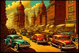 Cars and vehicles, steampunk sci-fi City, Chromolithography, weird, cinematic, psychedelic tableaux art, extremely detailed, high resolution, creative