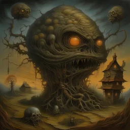 homage to the nightmare, by Tomasz Setowski, surreal horror, warm spooky colors