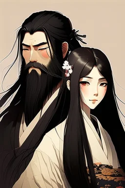 Traditional Japanese anime woman, long black hair, with bearded man