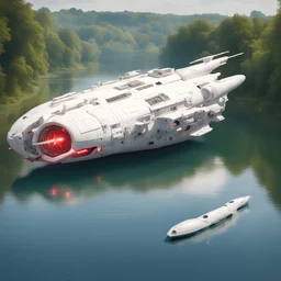 Detailed white large space ship floating on wide River on a summers day, English village, subtle red and green lights , blue exhaust ports , stopped, antennas, , luminescent , 35 mm focal length