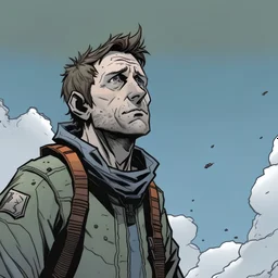 man, ethan hawk, looking at the sky, looking serious, comic book, post-apocalypse, grey background, illustration,