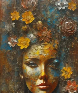  an abstract painting of rusted metal and flowers, african portrait, rust, scaffolding, iron cladding, decay, mixed media, textured, anatomically correct, beautiful perfect face, sharp focus, highly detailed, injured face