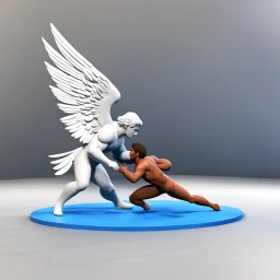 In 3d Mikros animation style. Jacob wrestling with angel.