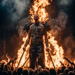 Still photo of a wild Rammstein Concert while performing Feuer Frei, facial flamethrowers, microphone stands on fire, elaborate fire pyrotechnics, photorealistic, dramatic, cinematic, kinetic, concept art,