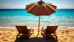 Mediterranean beach, sun lounger facing the sea, human body hidden under umbrella shade, strong shadow geometry, sharp light and shadow contrast, turquoise sea, golden sand, sparkling water reflections, vibrant summer colors, crisp shadow edges, photorealistic, travel photography, HDR, cinematic lighting, ultra detailed, 8k, shallow depth of field --ar 16:9