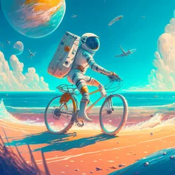 An astronaut riding a bicycle on the beach of a beautiful sea, digital art, anime style, 4k, full details, high resolution