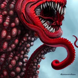 Red Tentacle monster with teeth, horror, detailed, realistic, gore, eyes, 4K, fantasy, scary