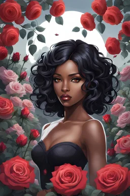 envision a closeup of a beautiful black female, with shoulder length black bobbed hair style, in the midst of a rose garden, facing the front, large gray eyes, mystical fantasy, chaos