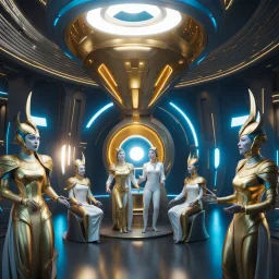 (masterpiece, best quality, 8k, RAW photo, beautiful and aesthetic:1.2), complex detail, Indirect light, photorealistic, (((full body))), a A group of Cosmic gods smiling, Mixed, sci-fi, spiritual and cyborg outfit with golden futuristic artifacts, white, blue and silver elements- Inside a great room of a flying saucer with a round hublot showing a galactic sunset