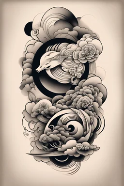Create a captivating modern 2d Japanese tattoo design for print , using the elegant influences of japan art style, for print, dynamic elements from fashion and design, and bold Japanese art aesthetics, framing centered in the center, distanced from the edges of the paper perimeter, perfect anatomy, bauhaus, Divine Proportion,