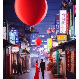 A professional night shot of a romantic far future city, seoul, couple holding hands, trending on Artstation, sharp soft focus, highly detailed, crowded, red balloons falling, couple facing away, girl with black hair, Incredibly detailed 8K resolution HDR photograph of a hyper detailed photorealistic storybook laying open with weathered rifled pages meticulously illustrated by Brian Froud and Josephine Wall, album cover art, imagination, upscaled, sharp focus, space