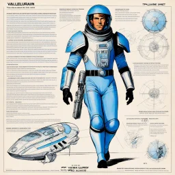 character concept sheet with AD&D statistics and characteristics for the TTPRG "Valerian and Laureline", [illustration by Jean-Claude Mézières (1967)] spacio-temporal agent Kael Dravan (male human), in spacesuit, ready to drive a spaceship