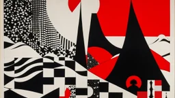 An abstract and geometric illustration by Malevich and Kuniyoshi of a black and white desert landscape with an anarchist red and back flag.