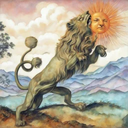 Art deco design of a lion devouring a sun