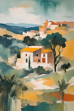 an abstract painting of an idyllic 16th century Spanish villa set amidst rolling hills and ancient olive groves , in the imagery-stain painting style of Helen Frankenthaler and Jean-Michel Basquiat muted natural colors, museum quality masterpiece