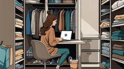 photo of a woman sits in a wardrobe, surrounded by shelves of clothes and working on a laptop, she has half-length brown hair and wearing pajamas , pale light, half socks and a mug of coffee next to her, high detalied, sharp focus, high reality mood, perfect shot