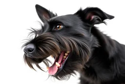 side-front of head nose, mouth with teeth, ears and eyes of a black Scottish terrier coming up from the side-bottom, mouth open biting, white background