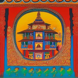 spiritual chakra consciousness of Indian temple architecture in Tibetian painting style surrounded by mystical creatures