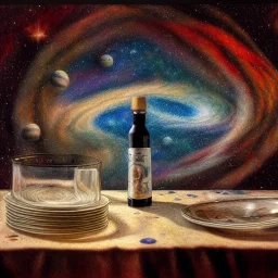 high-quality, fine-detail universe with milkyway in a bottle on a tablecloth, melted crayon drawing, artwork, 8k, intricate, detailed, illustration, brian froud, howard lyon, george grie, ben goossens, anna dittman, jeffrey robert, don marco