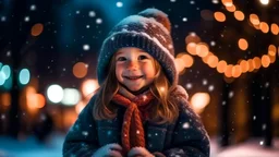 Little girl with christmas lights enjoying the holidays outdoors in snowfall. Happy cute child girl playing with Chistmas festive lights. digital ai