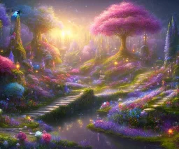 mondo fairy,paesaggio da favola notturno con fiori fluoriscenti alberi magici,fiori colorati luminosi