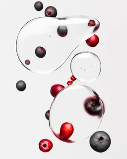 pomegranate seeds through the prism of water, on a white background