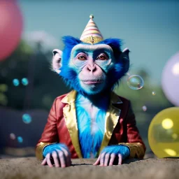 Ultra realistic circus scene. Blue Monkey man, waist up view, Wes Anderson style, happy, bubbles, party, confeti, highly detailed, concept art, unreal engine 5, god rays, ray tracing, RTX, lumen lighting, ultra detail, volumetric lighting, 3d, finely drawn, high definition, high resolution.