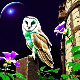 Adobe Promp: On a wall, a close up of a barn owl, side view, in a lavish background of blooming passion flowers. In the background in the distance an old ruin. A fisheye effect, a small depth of field, a sloppy look, a vintage atmosphere. a botanical image. Glamour glow, beautiful light.